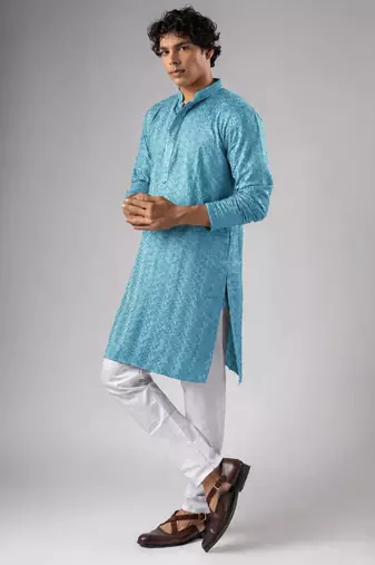 Cyan blue color rayon fabric designer embroidered ethnic kurta payjama for men's traditional looks