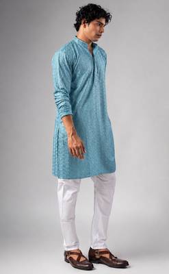 Cyan blue color rayon fabric designer embroidered ethnic kurta payjama for men's traditional looks 5