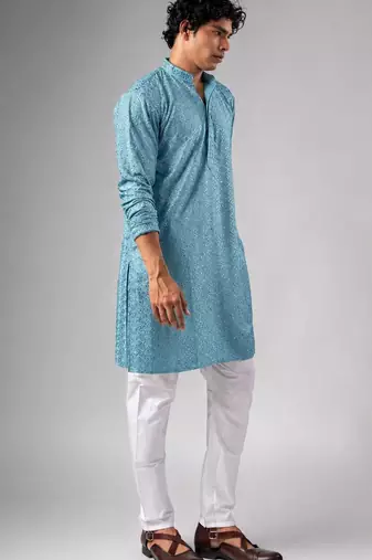 Cyan blue color rayon fabric designer embroidered ethnic kurta payjama for men's traditional looks