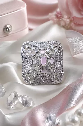 Rhodium blush cz adjustable ring