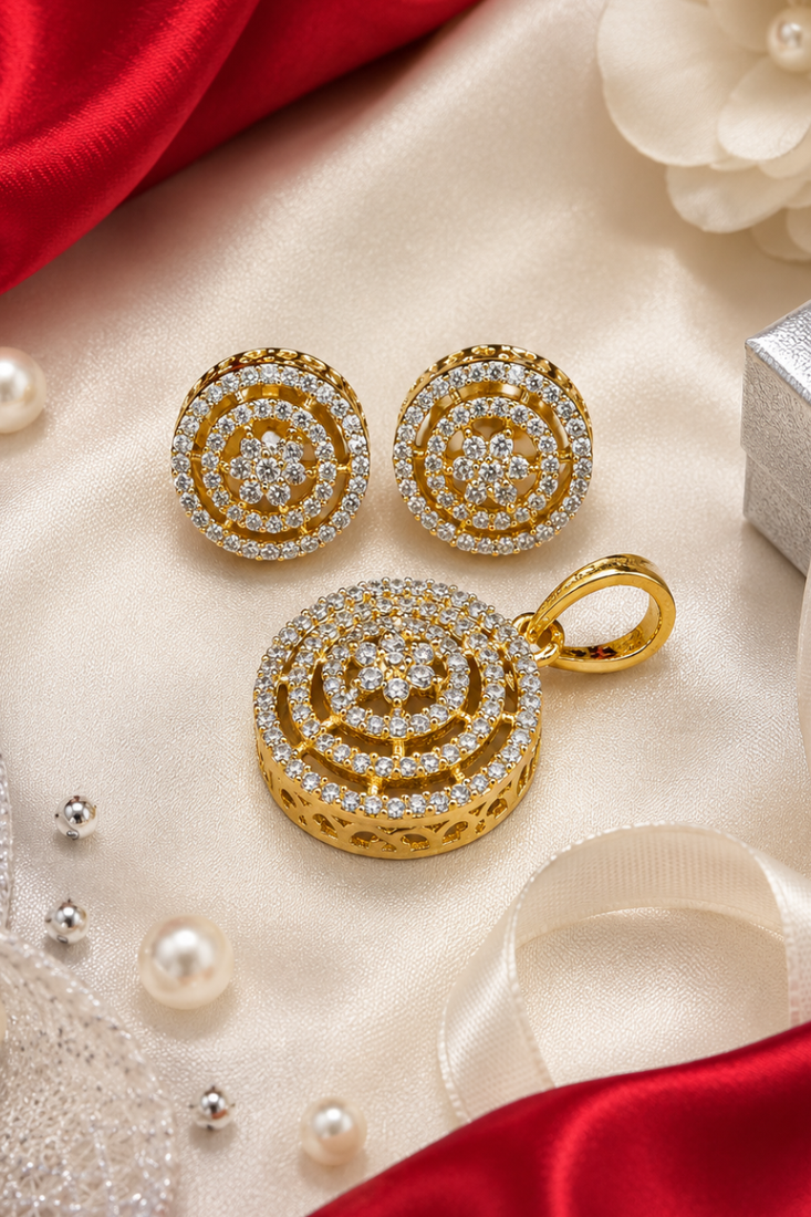 Gold floral cz pendant set