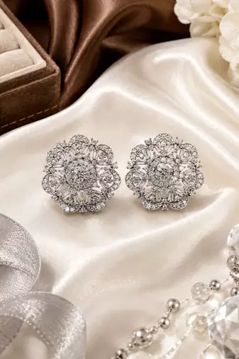 Rhodium floral cz earrings