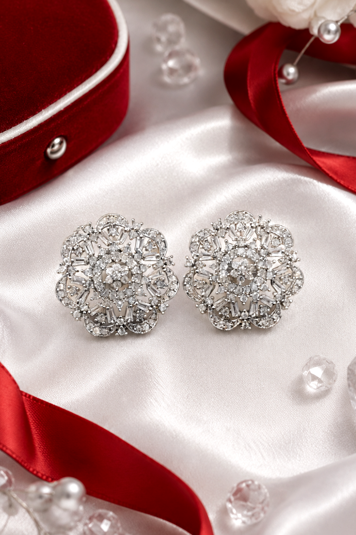 Rhodium floral cz earrings