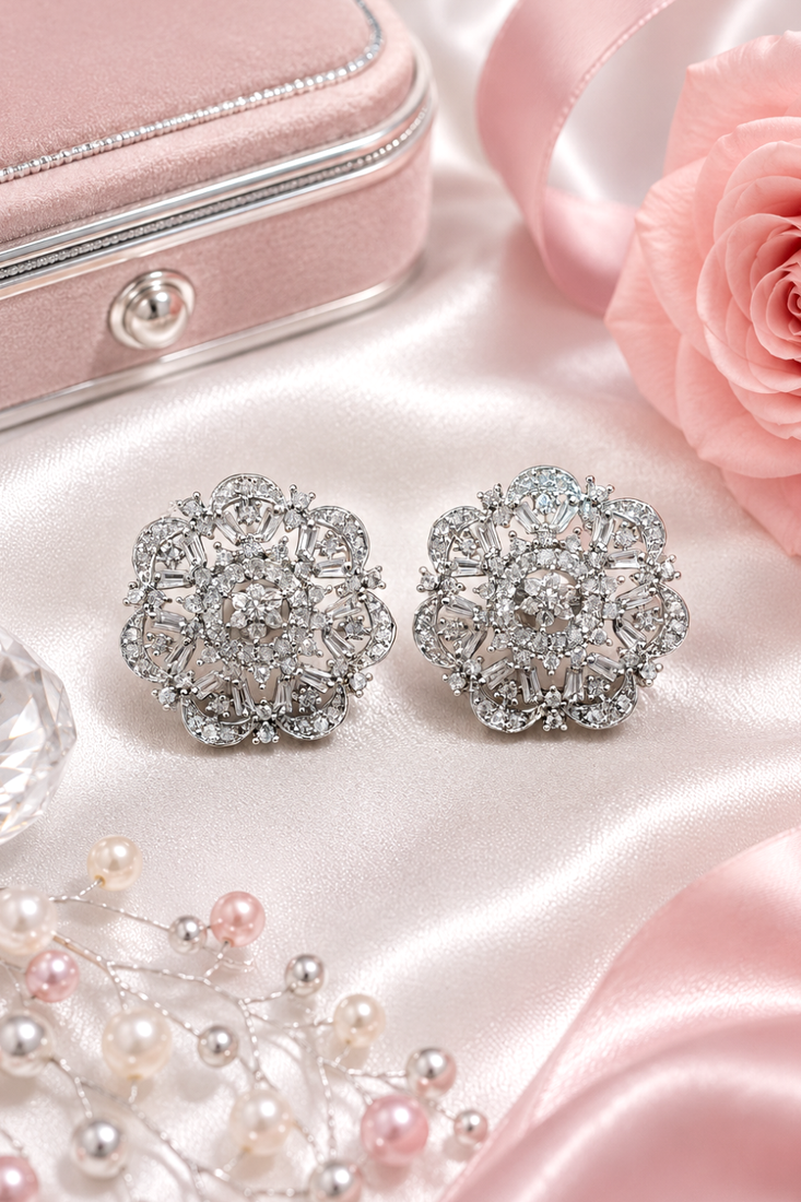 Rhodium floral cz earrings