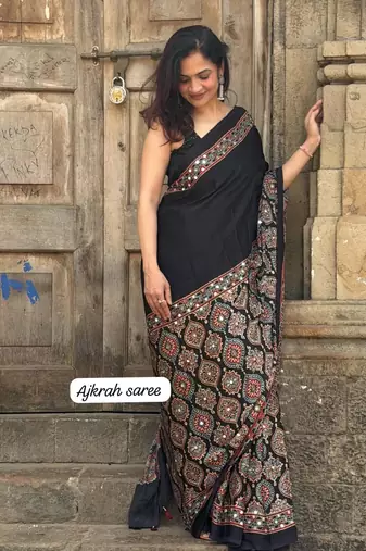black crepe embroidered saree with mirror work