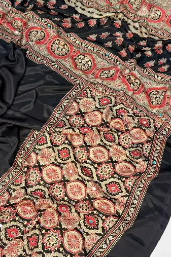 black crepe embroidered saree with mirror work
