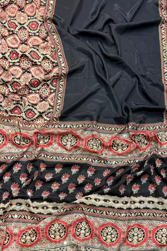 black crepe embroidered saree with mirror work