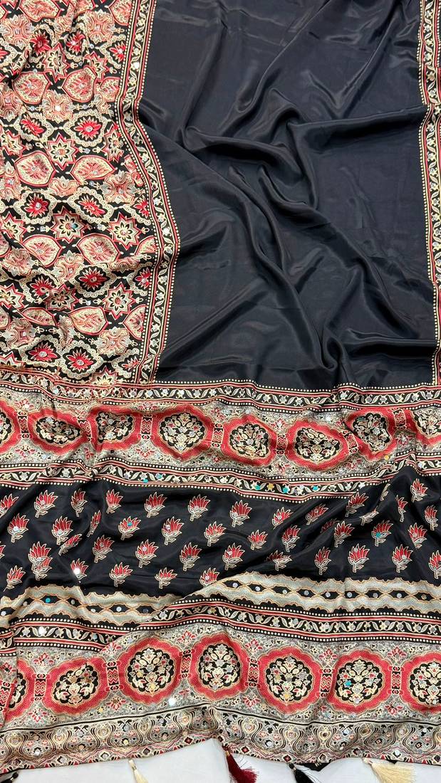 black crepe embroidered saree with mirror work