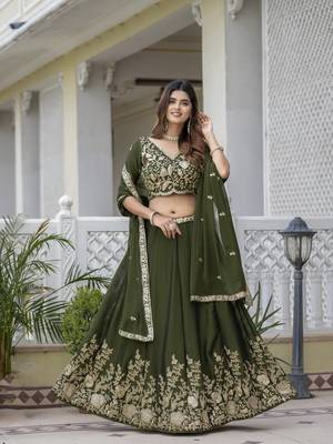 MEHENDI SILK CORDING EMBROIDERY LEHENGA CHOLI WITH DUPATTA 1