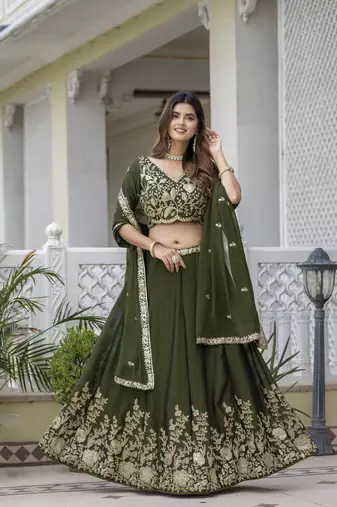 MEHENDI SILK CORDING EMBROIDERY LEHENGA CHOLI WITH DUPATTA