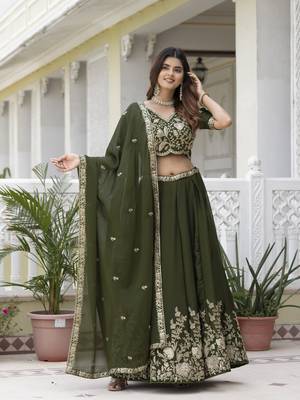 MEHENDI SILK CORDING EMBROIDERY LEHENGA CHOLI WITH DUPATTA 2