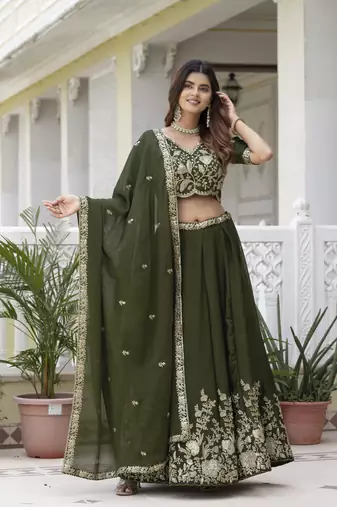 MEHENDI SILK CORDING EMBROIDERY LEHENGA CHOLI WITH DUPATTA