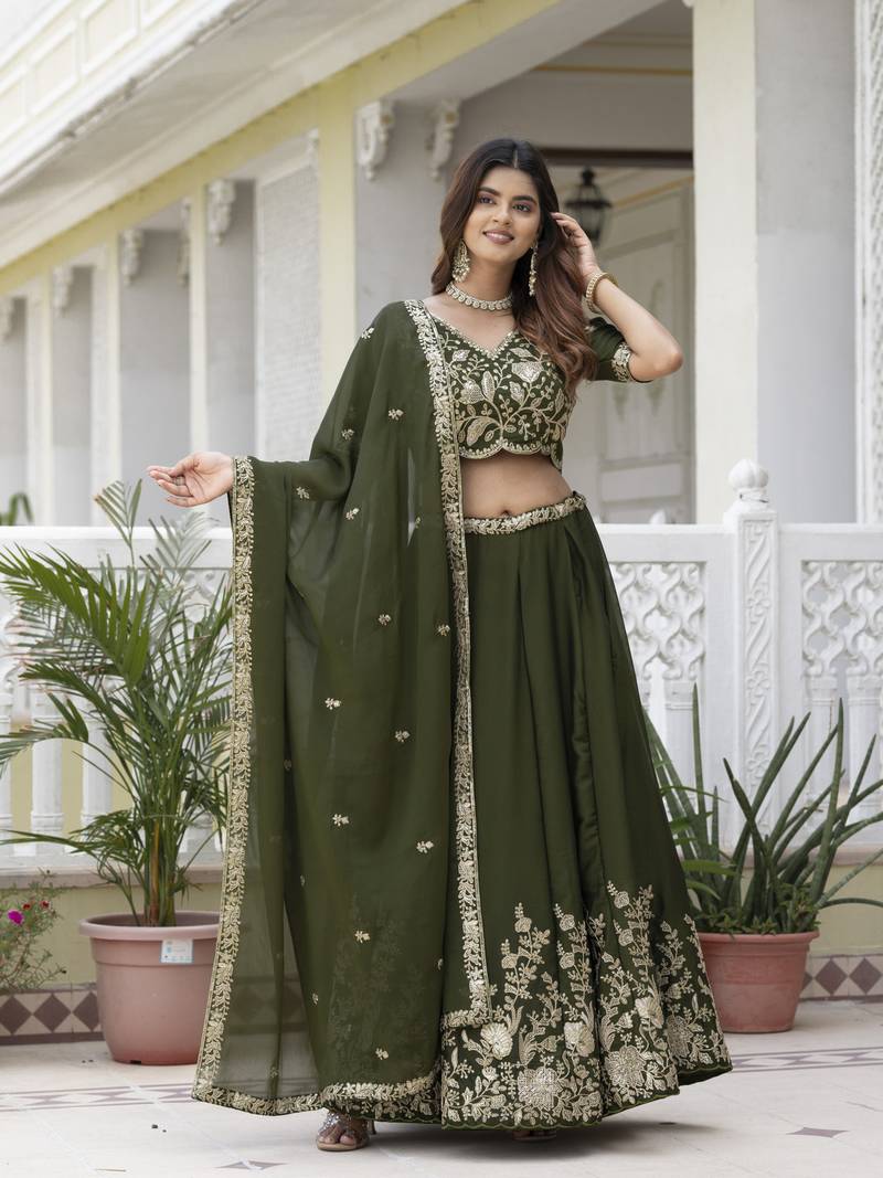 MEHENDI SILK CORDING EMBROIDERY LEHENGA CHOLI WITH DUPATTA