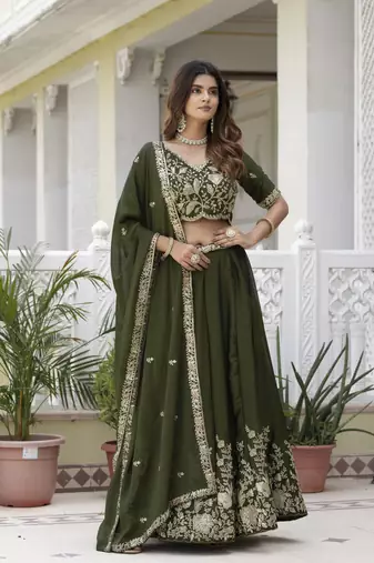 MEHENDI SILK CORDING EMBROIDERY LEHENGA CHOLI WITH DUPATTA