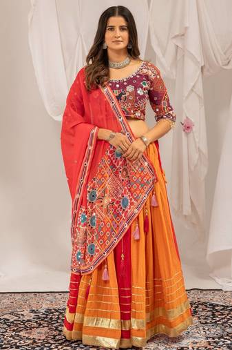 Red Color Embroidery and Miror Work Georgette Navratri Lehenga Choli