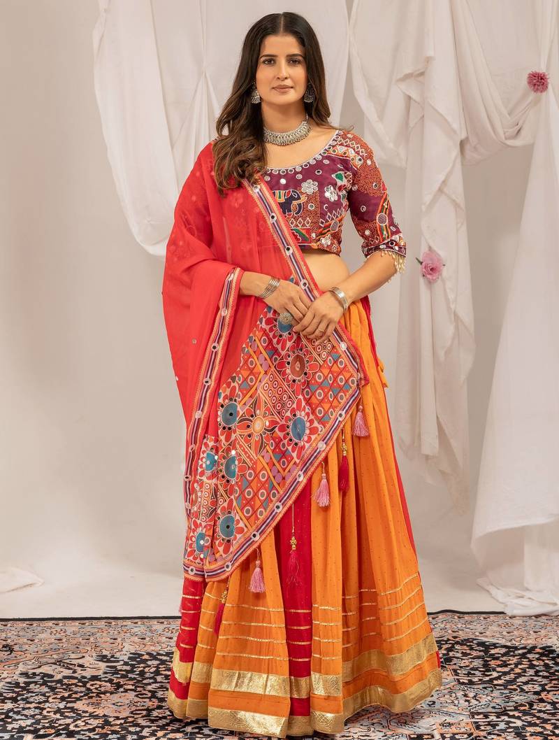 Red Color Embroidery and Miror Work Georgette Navratri Lehenga Choli