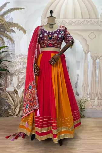 Red Color Embroidery and Miror Work Georgette Navratri Lehenga Choli