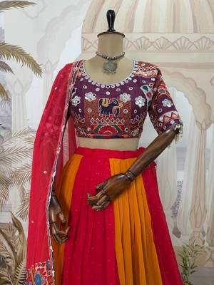 Red Color Embroidery and Miror Work Georgette Navratri Lehenga Choli 3