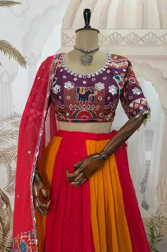 Red Color Embroidery and Miror Work Georgette Navratri Lehenga Choli