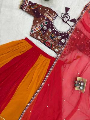 Red Color Embroidery and Miror Work Georgette Navratri Lehenga Choli 4