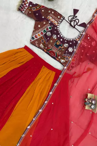 Red Color Embroidery and Miror Work Georgette Navratri Lehenga Choli
