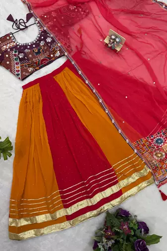 Red Color Embroidery and Miror Work Georgette Navratri Lehenga Choli