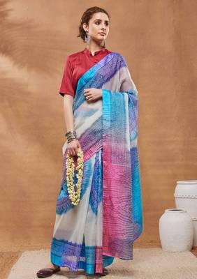 Blue color silk blend designer printed ready to wear ceremonial saree 1