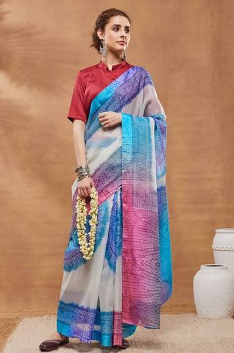 blue color silk blend designer printed ready to wear ceremonial saree