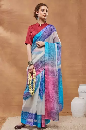 Blue color silk blend designer printed ready to wear ceremonial saree
