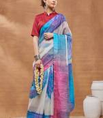 Blue color silk blend designer printed ready to wear ceremonial saree