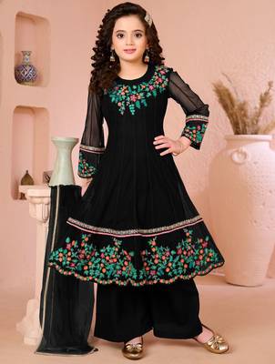 Black embroidered net anarkali kids salwar suits 1