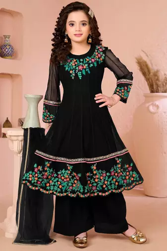 Black embroidered net anarkali kids salwar suits