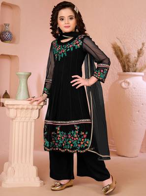 Black embroidered net anarkali kids salwar suits 2