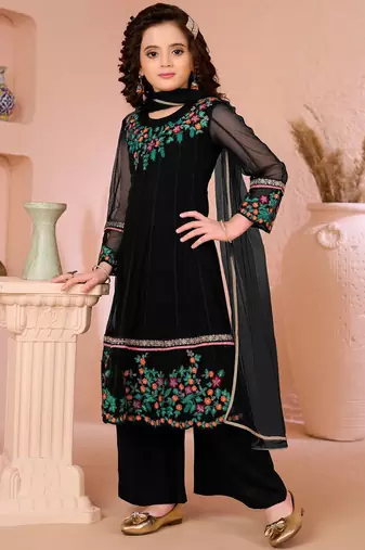 Black embroidered net anarkali kids salwar suits