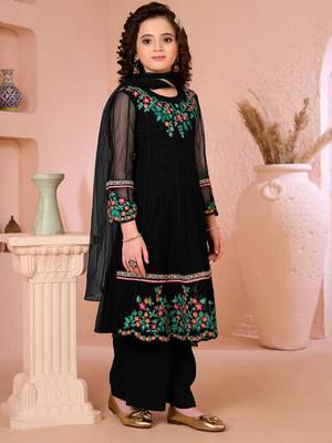Black embroidered net anarkali kids salwar suits 3