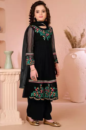 Black embroidered net anarkali kids salwar suits