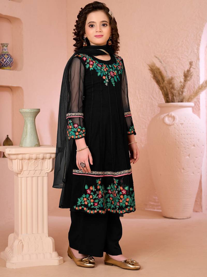 Black embroidered net anarkali kids salwar suits