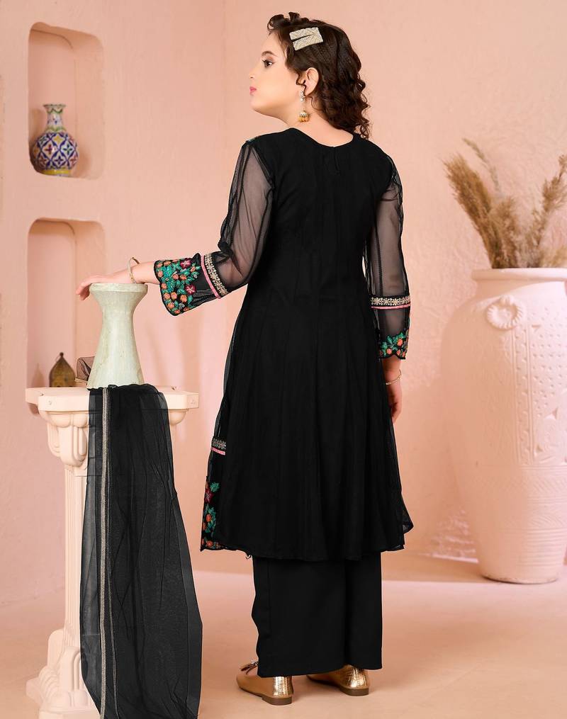 Black embroidered net anarkali kids salwar suits
