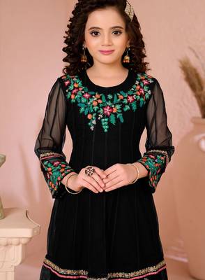 Black embroidered net anarkali kids salwar suits 5
