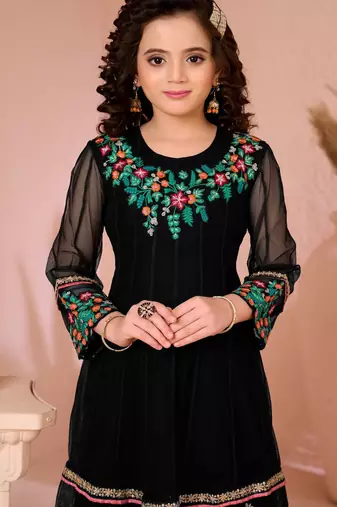 Black embroidered net anarkali kids salwar suits