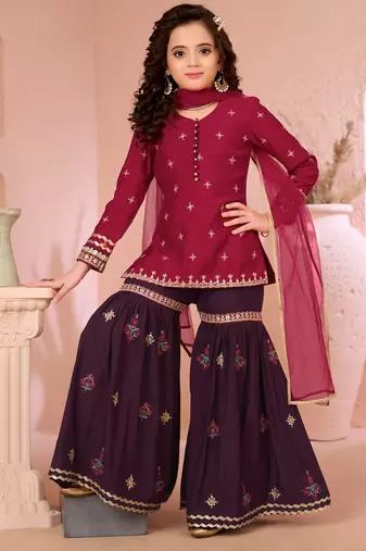 Pink embroidered cottonsilk straight  kids salwar suits