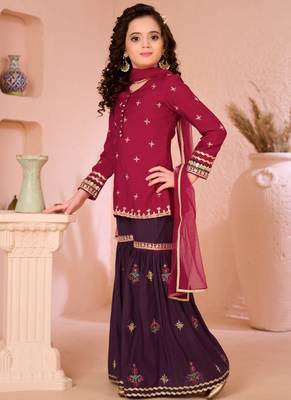 Pink embroidered cottonsilk straight  kids salwar suits 2