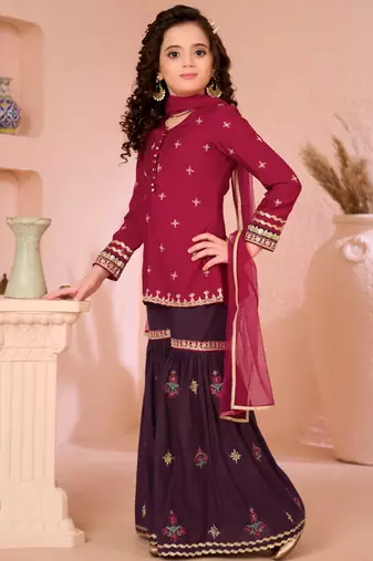 Pink embroidered cottonsilk straight  kids salwar suits