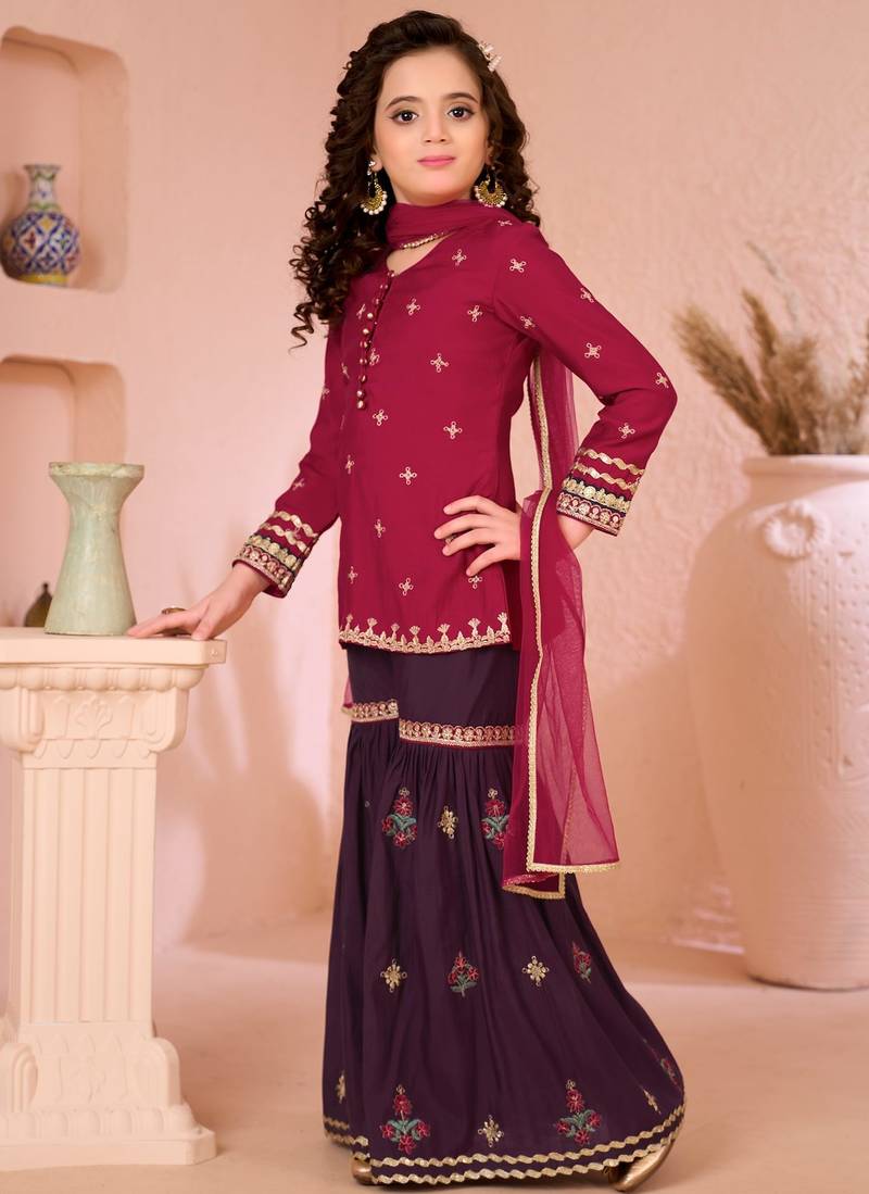 Pink embroidered cottonsilk straight  kids salwar suits
