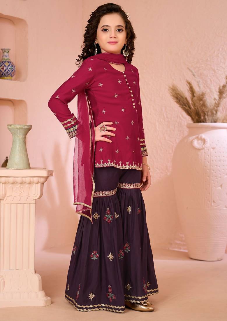 Pink embroidered cottonsilk straight  kids salwar suits