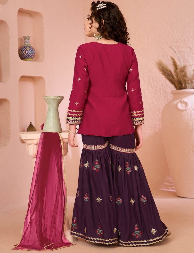 Pink embroidered cottonsilk straight  kids salwar suits