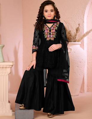 Black embroidered net straight  kids salwar suits 1