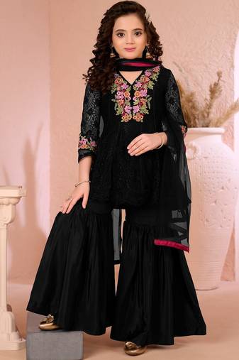 Black embroidered net straight  kids salwar suits
