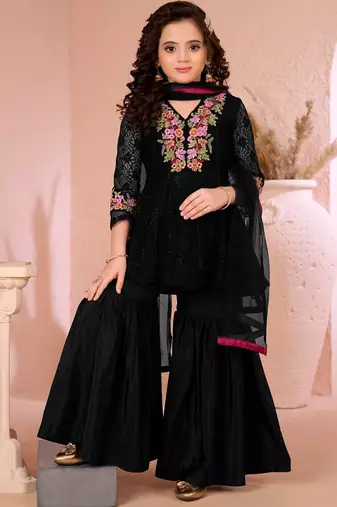 Black embroidered net straight  kids salwar suits