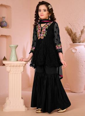 Black embroidered net straight  kids salwar suits 2